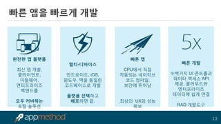 13 
빠른 앱을 빠르게 개발 
완전한 앱 플랫폼 
최신 앱 개발, 클라이언트, 미들웨어, 엔터프라이즈 백앤드를 
모두 커버하는 
토탈 솔루션 
멀티-디바이스 안드로이드, iOS, 윈도우, 맥을 동일한 코드베이스로 개발 플랫폼 선택하고 배포하면 끝. 
빠른 앱 
CPU에서 직접 작동되는 네이티브 코드 컴파일, 
보안에 뛰어남 
최상의 UX와 성능 확보 
5x 
빠른 개발 
수백가지 UI 콘트롤과 데이터 액세스 API 제공, 클라우드와 엔터프라이즈 데이터에 쉽게 연결 
RAD 개발도구  