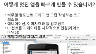 14 
어떻게 멋진 앱을 빠르게 만들 수 있습니까? 
•비주얼 컴포넌트 드래그 앤 드랍 작성하는 코드 최소화 
•애니메이션, 이미지효과 등 컴포넌트 
•UI 컨트롤과 데이터를 시각적으로 연결(라이브 바인딩) 
•개발 화면을 그대로 배포  