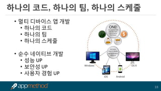 18 
하나의 코드, 하나의 팀, 하나의 스케줄 
•멀티 디바이스 앱 개발 
•하나의 코드 
•하나의 팀 
•하나의 스케줄 
•순수 네이티브 개발 
•성능 UP 
•보안성 UP 
•사용자 경험 UP  