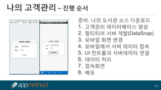 23 
나의 고객관리 – 진행 순서 
준비. 나의 도서관 소스 다운로드 
1.고객관리 데이터베이스 생성 
2.멀티티어 서버 개발(DataSnap) 
3.모바일 화면 변경 
4.모바일에서 서버 데이터 접속 
5.UI 컨트롤과 서버데이터 연결 
6.데이터 처리 
7.접속화면 
8.배포  