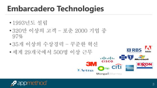 3 
Embarcadero Technologies 
•1993년도 설립 
•320만 이상의 고객 – 포춘 2000 기업 중 97% 
•35개 이상의 수상경력 – 꾸준한 혁신 
•세계 29개국에서 500명 이상 근무  