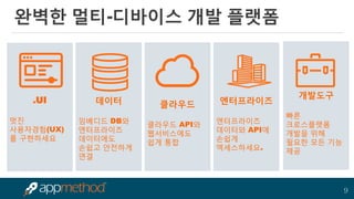 9 
완벽한 멀티-디바이스 개발 플랫폼 
.UI 
멋진 사용자경험(UX) 를 구현하세요 
데이터 
임베디드 DB와 엔터프라이즈 데이터에도 손쉽고 안전하게 연결 
클라우드 
클라우드 API와 웹서비스에도 쉽게 통합 
엔터프라이즈 엔터프라이즈 데이터와 API에 손쉽게 엑세스하세요. 
개발도구 
빠른 크로스플랫폼 개발을 위해 필요한 모든 기능 제공 
 
