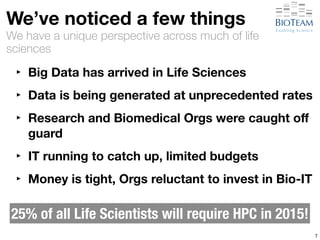 We’ve noticed a few things 
We have a unique perspective across much of life 
sciences 
‣ Big Data has arrived in Life Sciences 
‣ Data is being generated at unprecedented rates 
‣ Research and Biomedical Orgs were caught off 
guard 
‣ IT running to catch up, limited budgets 
‣ Money is tight, Orgs reluctant to invest in Bio-IT 
7 
25% of all Life Scientists will require HPC in 2015! 
 