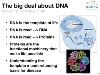 It’s like the hard drive of life 
12 
The big deal about DNA 
‣ DNA is the template of life 
‣ DNA is read --> RNA 
‣ RNA is read --> Proteins 
‣ Proteins are the 
functional machinery that 
make life possible 
‣ Understanding the 
template = understanding 
basis for disease 
 