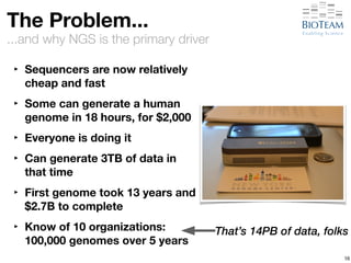 ...and why NGS is the primary driver 
16 
The Problem... 
‣ Sequencers are now relatively 
cheap and fast 
‣ Some can generate a human 
genome in 18 hours, for $2,000 
‣ Everyone is doing it 
‣ Can generate 3TB of data in 
that time 
‣ First genome took 13 years and 
$2.7B to complete 
‣ Know of 10 organizations: 
100,000 genomes over 5 years 
That’s 14PB of data, folks 
 
