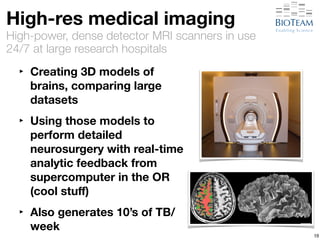 High-res medical imaging 
High-power, dense detector MRI scanners in use 
24/7 at large research hospitals 
‣ Creating 3D models of 
brains, comparing large 
datasets 
‣ Using those models to 
perform detailed 
neurosurgery with real-time 
analytic feedback from 
supercomputer in the OR 
(cool stuff) 
‣ Also generates 10’s of TB/ 
week 19 
 