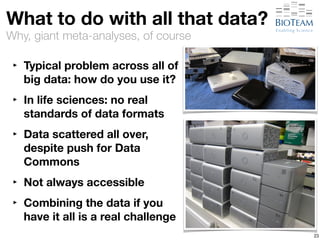 Why, giant meta-analyses, of course 
23 
What to do with all that data? 
‣ Typical problem across all of 
big data: how do you use it? 
‣ In life sciences: no real 
standards of data formats 
‣ Data scattered all over, 
despite push for Data 
Commons 
‣ Not always accessible 
‣ Combining the data if you 
have it all is a real challenge 
 