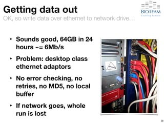 Getting data out 
OK, so write data over ethernet to network drive… 
‣ Sounds good, 64GB in 24 
hours ~= 6Mb/s 
‣ Problem: desktop class 
ethernet adaptors 
‣ No error checking, no 
retries, no MD5, no local 
buffer 
‣ If network goes, whole 
run is lost 
30 
 