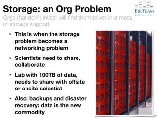 Storage: an Org Problem 
Orgs that don’t invest will find themselves in a mess 
of storage support 
‣ This is when the storage 
problem becomes a 
networking problem 
‣ Scientists need to share, 
collaborate 
‣ Lab with 100TB of data, 
needs to share with offsite 
or onsite scientist 
‣ Also: backups and disaster 
recovery: data is the new 
commodity 37 
 
