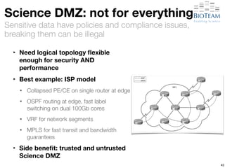 Science DMZ: not for everything 
Sensitive data have policies and compliance issues, 
breaking them can be illegal 
‣ Need logical topology flexible 
enough for security AND 
performance 
‣ Best example: ISP model 
• Collapsed PE/CE on single router at edge 
• OSPF routing at edge, fast label 
switching on dual 100Gb cores 
• VRF for network segments 
• MPLS for fast transit and bandwidth 
guarantees 
‣ Side benefit: trusted and untrusted 
Science DMZ 
43 
 