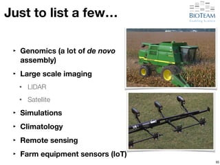Just to list a few… 
‣ Genomics (a lot of de novo 
assembly) 
‣ Large scale imaging 
• LIDAR 
• Satellite 
‣ Simulations 
‣ Climatology 
‣ Remote sensing 
‣ Farm equipment sensors (IoT) 
65 
 