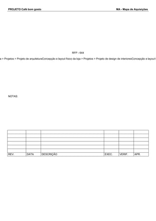 PROJETO Café bom gosto MA - Mapa de Aquisições 
RFP - 644 
loja > Projetos > Projeto de arquiteturaConcepção e layout físico da loja > Projetos > Projeto de design de interioresConcepção e layout físico NOTAS: 
REV. DATA DESCRIÇÃO EXEC. VERIF. APR. 
 