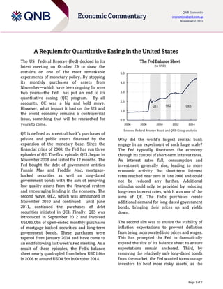 Page 1 of 2 
Economic Commentary 
QNB Economics economics@qnb.com.qa November 2, 2014 
A Requiem for Quantitative Easing in the United States 
The US Federal Reserve (Fed) decided in its latest meeting on October 29 to draw the curtains on one of the most remarkable experiments of monetary policy. By stopping its monthly purchases of assets from November—which have been ongoing for over two years—the Fed has put an end to its quantitative easing (QE) program. By all accounts, QE was a big and bold move. However, what impact it had on the US and the world economy remains a controversial issue, something that will be researched for years to come. 
QE is defined as a central bank’s purchases of private and public assets financed by the expansion of the monetary base. Since the financial crisis of 2008, the Fed has run three episodes of QE. The first episode, QE1, began in November 2008 and lasted for 17 months. The Fed bought the debt of government entities Fannie Mae and Freddie Mac, mortgage- backed securities as well as long-dated government bonds with the aim of removing low-quality assets from the financial system and encouraging lending in the economy. The second wave, QE2, which was announced in November 2010 and continued until June 2011, continued the purchases of debt securities initiated in QE1. Finally, QE3 was introduced in September 2012 and involved USD85.0bn of open-ended monthly purchases of mortgage-backed securities and long-term government bonds. These purchases were tapered from January 2014 and have come to an end following last week’s Fed meeting. As a result of these episodes, the Fed’s balance sheet nearly quadrupled from below USD1.0tn in 2008 to around USD4.5tn in October 2014. 
The Fed Balance Sheet 
(tn USD) Sources: Federal Reserve Board and QNB Group analysis 
Why did the world’s largest central bank engage in an experiment of such large scale? The Fed typically fine-tunes the economy through its control of short-term interest rates. As interest rates fall, consumption and investment generally rise, leading to more economic activity. But short-term interest rates reached near zero in late 2008 and could not be reduced any further. Additional stimulus could only be provided by reducing long-term interest rates, which was one of the aims of QE. The Fed’s purchases create additional demand for long-dated government bonds, bringing their prices up and yields down. 
The second aim was to ensure the stability of inflation expectations to prevent deflation from being incorporated into prices and wages. This has prompted the Fed to dramatically expand the size of its balance sheet to ensure expectations remain anchored. Third, by removing the relatively safe long-dated bonds from the market, the Fed wanted to encourage investors to hold more risky assets, as the 
0.01.02.03.04.05.020062008201020122014QE1QE2QE3  