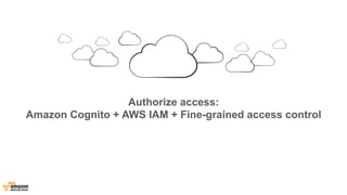 Authorize access: 
Amazon Cognito + AWS IAM + Fine-grained access control 
 
