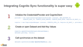 Integrating Cognito Sync functionality is super easy 
Initialize the CredentialsProvider and CognitoClient 
provider = new CognitoCachingCredentialsProvider (context, AWS_ACCOUNT_ID, 
COGNITO_POOL_ID, COGNTIO_ROLE_UNAUTH, COGNITO_ROLE_AUTH, Regions.US_EAST_1); 
cognito = new CognitoSyncManager (context, COGNITO_POOL_ID, Regions.US_EAST_1, provider); 
Create or open Dataset and Add Key Values 
cognito.openOrCreateDataset(datasetName); 
dataset.put(key, value); 
Call synchronize on the dataset 
dataset.synchronize(new SyncCallback(){..}); 
 