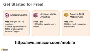 Get Started for Free! 
Amazon Cognito Amazon Mobile 
Analytics 
Amazon SNS 
Mobile Push 
Free Tier: 
1 Million push messages 
every month 
Free Tier (for first 12 
months): 
1 Million syncs/month + 
10GB of storage for 
Amazon Cognito 
Free Tier: 
100 Million events every 
month 
http://aws.amazon.com/mobile 
 