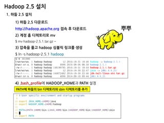 Hadoop 2.5 설치 
1) 하둡 2.5 다운로드 http://hadoop.apache.org 접속 후 다운로드 2) 계정 홈 디렉토리로 mv $ mv hadoop-2.5.1.tar.gz ~ 3) 압축을 풀고 hadoop 심볼릭 링크를 생성 $ ln -s hadoop-2.5.1 hadoop 
4) .bash_profile에 HADOOP_HOME과 PATH 설정 
1. 하둡 2.5 설치 
PATH에 하둡의 bin 디렉토리와 sbin 디렉토리를 추가 
뿌뿌  