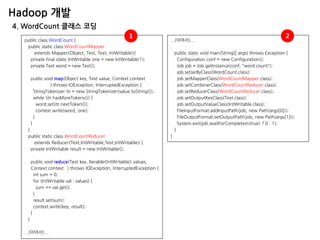 Hadoop 개발 
4. WordCount 클래스 코딩 
public class WordCount { public static class WordCountMapper extends Mapper<Object, Text, Text, IntWritable>{ private final static IntWritable one = new IntWritable(1); private Text word = new Text(); public void map(Object key, Text value, Context context ) throws IOException, InterruptedException { StringTokenizer itr = new StringTokenizer(value.toString()); while (itr.hasMoreTokens()) { word.set(itr.nextToken()); context.write(word, one); } } } public static class WordCountReducer extends Reducer<Text,IntWritable,Text,IntWritable> { private IntWritable result = new IntWritable(); public void reduce(Text key, Iterable<IntWritable> values, Context context ) throws IOException, InterruptedException { int sum = 0; for (IntWritable val : values) { sum += val.get(); } result.set(sum); context.write(key, result); } } ...(이어서)... 
...(이어서)... public static void main(String[] args) throws Exception { Configuration conf = new Configuration(); Job job = Job.getInstance(conf, "word count"); job.setJarByClass(WordCount.class); job.setMapperClass(WordCountMapper.class); job.setCombinerClass(WordCountReducer.class); job.setReducerClass(WordCountReducer.class); job.setOutputKeyClass(Text.class); job.setOutputValueClass(IntWritable.class); FileInputFormat.addInputPath(job, new Path(args[0])); FileOutputFormat.setOutputPath(job, new Path(args[1])); System.exit(job.waitForCompletion(true) ? 0 : 1); } } 
1 
2  