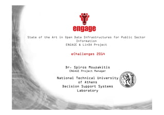 State of the Art in Open Data Infrastructures for Public Sector
Information
ENGAGE & LinDA Project
Dr. Spiros Mouzakitis
ENGAGE Project Manager
National Technical University
of Athens
Decision Support Systems
Laboratory
eChallenges 2014
 