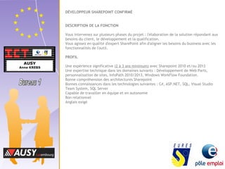 DÉVELOPPEUR SHAREPOINT CONFIRMÉ 
DESCRIPTION DE LA FONCTION 
Vous intervenez sur plusieurs phases du projet : l'élaboration de la solution répondant aux 
besoins du client, le développement et la qualification. 
Vous agissez en qualité d'expert SharePoint afin d'aligner les besoins du business avec les 
fonctionnalités de l'outil. 
PROFIL 
Une expérience significative (2 à 3 ans minimum) avec Sharepoint 2010 et/ou 2013 
Une expertise technique dans les domaines suivants : Développement de Web Parts, 
personnalisation de sites, InfoPath 2010/2013, Windows WorkFlow Foundation. 
Bonne compréhension des architectures Sharepoint 
Bonnes connaissances dans les technologies suivantes : C#, ASP.NET, SQL, Visual Studio 
Team System, SQL Server 
Capable de travailler en équipe et en autonomie 
Bon relationnel 
Anglais exigé 
 