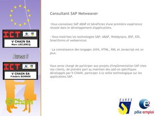 Consultant SAP Netweaver 
-Vous connaissez SAP ABAP et bénéficiez d'une première expérience 
réussie dans le développement d'applications. 
- Vous maitrisez les technologies SAP: ABAP, Webdynpro, BSP, EDI, 
Smartforms et webservices 
- La connaissance des langages JAVA, HTML, XML et Javascript est un 
plus. 
Vous serez chargé de participer aux projets d'implémentation SAP chez 
nos clients, de prendre part au maintien des add-on spécifiques 
développés par V-CHAIN, participer à la veille technologique sur les 
applications SAP. 
 