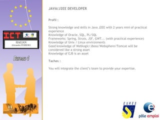 JAVA/J2EE DEVELOPER 
Profil : 
Strong knowledge and skills in Java J2EE with 2 years mini of practical 
experience 
Knowledge of Oracle, SQL, PL/SQL 
Frameworks: Spring, Struts, JSF, GWT... (with practical experience) 
Knowledge of Unix / Linux environments 
Good knowledge of Weblogic/Jboss/Websphere/Tomcat will be 
considered like a strong asset 
Knowledge of EJB is an asset 
Taches : 
You will integrate the client’s team to provide your expertise. 
 
