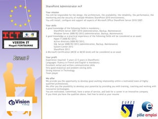 SharePoint Administrator m/f 
Your mission 
You will be responsible for the design, the architecture, the availability, the reliability, the performance, the 
monitoring and the security of multiple Windows SharePoint 2010 environments. 
You will install, configure and support all aspects of Microsoft Office SharePoint Server 2010/2007. 
Your skills 
A good knowledge of the following fields is mandatory : 
SharePoint Server 2007/2010 (Administration, Backup, Maintenance) 
Windows Server 2008/R2/2012 (Administration, Backup, Maintenance) 
A good knowledge or a practical experience of the following fields will be considered as an asset: 
Hyper-V 2008/R2/2012, 
Active directory 2008/R2/2012, 
SQL Server 2008/R2/2012 (Administration, Backup, Maintenance) 
System Center 2012 
SharePoint 2013 
A Microsoft Certification (MCSE or MCSD level) will be considered as an asset 
Your profil 
Experience required: 5 years (2/3 years in SharePoint) 
Languages: fluency in French and English is mandatory. 
Excellent verbal and written communication skills 
Very good analytical and problem solving skills 
Strong Interest in Technology 
Team player 
We offer 
We provide you the opportunity to develop good working relationship within a motivated team of highly 
qualified professionals. 
We offer you the possibility to develop your potential by providing you with training, coaching and working with 
innovative technologies. 
You are motivated, committed, have a sense of service, and look for a career in an innovative company. 
If you think you have the qualities above, feel free to send us your resume 
 