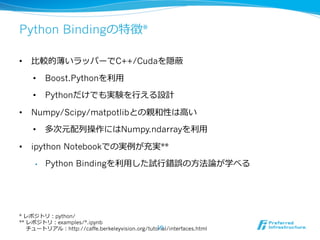 Python Bindingの特徴* 
• ⽐比較的薄いラッパーでC++/Cudaを隠蔽 
• Boost.Pythonを利利⽤用 
• Pythonだけでも実験を⾏行行える設計 
• Numpy/Scipy/matpotlibとの親和性は⾼高い 
• 多次元配列列操作にはNumpy.ndarrayを利利⽤用 
• ipython Notebookでの実例例が充実** 
• Python Bindingを利利⽤用した試⾏行行錯誤の⽅方法論論が学べる 
* レポジトリ：python/ 
** レポジトリ：examples/*.ipynb 
チュートリアル：http://caffe.berkeleyvision.org/tuto1r9ial/interfaces.html 
 