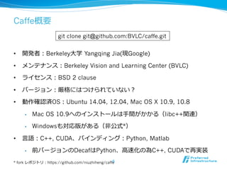 Caffe概要 
 
git clone git@github.com:BVLC/caffe.git 
• 開発者：Berkeley⼤大学 Yangqing Jia(現Google) 
• メンテナンス：Berkeley Vision and Learning Center (BVLC) 
• ライセンス：BSD 2 clause 
• バージョン：厳格にはつけられていない？ 
• 動作確認済OS：Ubuntu 14.04, 12.04, Mac OS X 10.9, 10.8 
• Mac OS 10.9へのインストールは⼿手間がかかる（libc++関連） 
• Windowsも対応版がある（⾮非公式*） 
• ⾔言語：C++, CUDA、バインディング：Python, Matlab 
• 前バージョンのDecafはPython、⾼高速化の為C++, CUDAで再実装 
6 
* fork レポジトリ：https://github.com/niuzhiheng/caffe 
 
