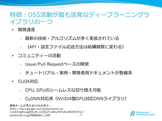 特徴：OSS活動が最も活発なディープラーニングラ 
イブラリの⼀一つ 
• 開発速度度 
• 最新の技術・アルゴリズムが多く実装されている 
• （API・設定ファイル記述⽅方法は結構頻繁に変わる） 
• コミュニティーの活動 
• issue/Pull Requestベースの開発 
• チュートリアル・実例例・開発者⽤用ドキュメントが整備済 
• CUDA対応 
• CPU, GPUのシームレスな切切り替え可能 
• CuDNN対応済（NVIDIA製GPU対応DNNライブラリ） 
開発チームが考えるCaffeの売り： 
https://docs.google.com/presentation/d/ 
1UeKXVgRvvxg9OUdh_UiC5G71UMscNPlvArsWER41PsU/ 
edit#slide=id.g39888e8c1_0398 
 