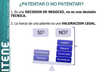 Confidential. Onlyforinternaluse of Company 
Business, Science & Innovation 
¿PATENTAR O NO PATENTAR? 
1.EsunaDECISIONDENE...