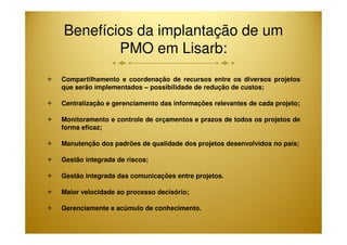 Benefícios da implantação de um 
PMO em Lisarb: 
 Compartilhamento e coordenação de recursos entre os diversos projetos 
que serão implementados – possibilidade de redução de custos; 
 Centralização e gerenciamento das informações relevantes de cada projeto; 
 Monitoramento e controle de orçamentos e prazos de todos os projetos de 
forma eficaz; 
 Manutenção dos padrões de qualidade dos projetos desenvolvidos no país; 
 Gestão integrada de riscos; 
 Gestão integrada das comunicações entre projetos. 
 Maior velocidade ao processo decisório; 
 Gerenciamente e acúmulo de conhecimento. 
 