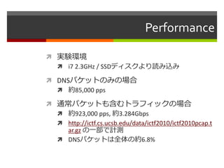 Performance 
 実験環境 
 i7 2.3GHz / SSDディスクより読み込み 
 DNSパケットのみの場合 
 約85,000 pps 
 通常パケットも含むトラフィックの場合 
 約923,000 pps, 約3.284Gbps 
 http://ictf.cs.ucsb.edu/data/ictf2010/ictf2010pcap.t 
ar.gz の一部で計測 
 DNSパケットは全体の約6.8% 
 