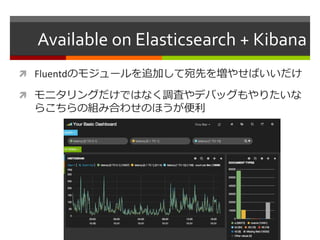 Available on Elasticsearch + Kibana 
 Fluentdのモジュールを追加して宛先を増やせばいいだけ 
 モニタリングだけではなく調査やデバッグもやりたいな 
らこちらの組み合わせのほうが便利 
 