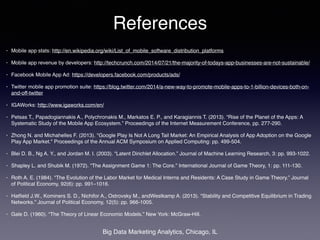 References 
• Mobile app stats: http://en.wikipedia.org/wiki/List_of_mobile_software_distribution_platforms! 
• Mobile app revenue by developers: http://techcrunch.com/2014/07/21/the-majority-of-todays-app-businesses-are-not-sustainable/ ! 
• Facebook Mobile App Ad: https://developers.facebook.com/products/ads/! 
• Twitter mobile app promotion suite: https://blog.twitter.com/2014/a-new-way-to-promote-mobile-apps-to-1-billion-devices-both-on-and- 
Big Data Marketing Analytics, Chicago, IL 
off-twitter! 
• IGAWorks: http://www.igaworks.com/en/ ! 
• Petsas T., Papadogiannakis A., Polychronakis M., Markatos E. P., and Karagiannis T. (2013). “Rise of the Planet of the Apps: A 
Systematic Study of the Mobile App Ecosystem.” Proceedings of the Internet Measurement Conference, pp. 277-290.! 
• Zhong N. and Michahelles F. (2013). "Google Play Is Not A Long Tail Market: An Empirical Analysis of App Adoption on the Google 
Play App Market." Proceedings of the Annual ACM Symposium on Applied Computing: pp. 499-504.! 
• Blei D. B., Ng A. Y., and Jordan M. I. (2003). “Latent Dirichlet Allocation.” Journal of Machine Learning Research, 3: pp. 993-1022.! 
• Shapley L. and Shubik M. (1972). “The Assignment Game 1: The Core.” International Journal of Game Theory, 1: pp. 111-130.! 
• Roth A. E. (1984). “The Evolution of the Labor Market for Medical Interns and Residents: A Case Study in Game Theory.” Journal 
of Political Economy, 92(6): pp. 991–1016.! 
• Hatfield J.W., Kominers S. D., Nichifor A., Ostrovsky M., andWestkamp A. (2013). “Stability and Competitive Equilibrium in Trading 
Networks.” Journal of Political Economy, 12(5): pp. 966-1005.! 
• Gale D. (1960). “The Theory of Linear Economic Models.” New York: McGraw-Hill. 
 