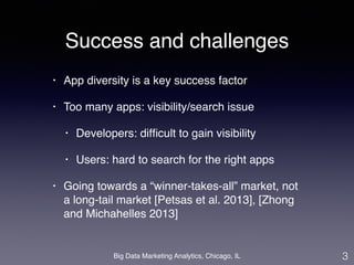 Success and challenges 
• App diversity is a key success factor ! 
• Too many apps: visibility/search issue! 
• Developers: difficult to gain visibility! 
• Users: hard to search for the right apps! 
• Going towards a “winner-takes-all” market, not 
a long-tail market [Petsas et al. 2013], [Zhong 
and Michahelles 2013] 
Big Data Marketing Analytics, Chicago, IL 
3 
 