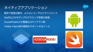 ネイティブアプリケーション 
軽快で高速な動作、よりよいユーザエクスペリエンス 
Swiftなどのモダンプログラミング言語の登場 
CocoaPodsなどの豊富なUIライブラリ群 
Twitter Fabric等の開発をサポートするツール 
 