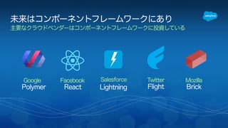 未来はコンポーネントフレームワークにあり 
主要なクラウドベンダーはコンポーネントフレームワークに投資している 
Google Facebook Salesforce Twitter Mozilla 
Polymer React Lightning Flight Brick 
 