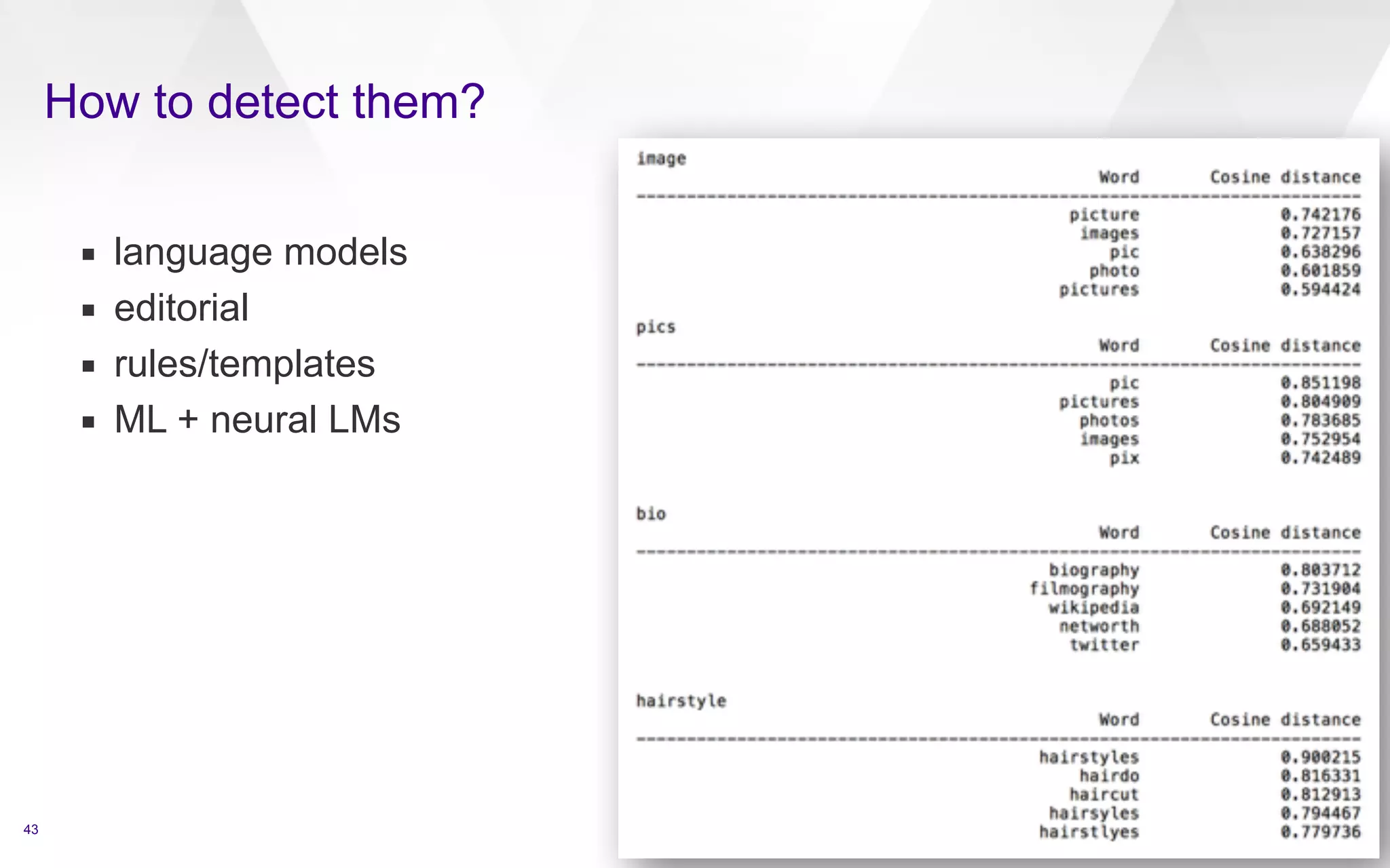How to detect them? 
43 
▪ language models 
▪ editorial 
▪ rules/templates 
▪ ML + neural LMs 
 
