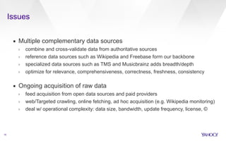 Issues 
16 
▪ Multiple complementary data sources 
› combine and cross-validate data from authoritative sources 
› reference data sources such as Wikipedia and Freebase form our backbone 
› specialized data sources such as TMS and Musicbrainz adds breadth/depth 
› optimize for relevance, comprehensiveness, correctness, freshness, consistency 
▪ Ongoing acquisition of raw data 
› feed acquisition from open data sources and paid providers 
› web/Targeted crawling, online fetching, ad hoc acquisition (e.g. Wikipedia monitoring) 
› deal w/ operational complexity: data size, bandwidth, update frequency, license, © 
 