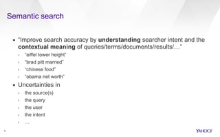 Semantic search 
6 
▪ “Improve search accuracy by understanding searcher intent and the 
contextual meaning of queries/terms/documents/results/…” 
› “eiffel tower height” 
› “brad pitt married” 
› “chinese food” 
› “obama net worth” 
▪ Uncertainties in 
› the source(s) 
› the query 
› the user 
› the intent 
› … 
 