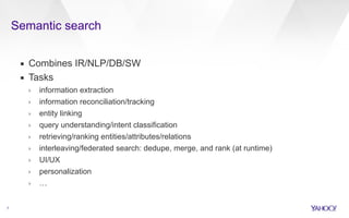 Semantic search 
7 
▪ Combines IR/NLP/DB/SW 
▪ Tasks 
› information extraction 
› information reconciliation/tracking 
› entity linking 
› query understanding/intent classification 
› retrieving/ranking entities/attributes/relations 
› interleaving/federated search: dedupe, merge, and rank (at runtime) 
› UI/UX 
› personalization 
› … 
 