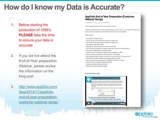 How do I know my Data isAccurate?
1. Before starting the
production of 1099’s
PLEASE take the time
to ensure your data is
accurate
2. If you did not attend the
End-of-Year preparation
Webinar, please review
the information on the
blog post
3. http://www.appfolio.com/
blog/2014/11/appfolio-
end-of-year-preparation-
customer-webinar-recap/
 