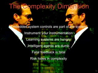 #SIRACon14 @selenakyle 
The Complexity Dimension 
Embedded system controls are part of the system 
Instrument your instrumentation 
Learning systems are hungry 
Intelligent agents are dumb 
Fatal feedback is fatal 
Risk hides in complexity 
32 
 