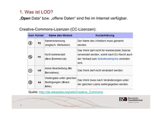 1. Was ist LOD? 
„Open Data“ bzw. „offene Daten“ sind frei im Internet verfügbar. 
Creative-Commons-Lizenzen (CC-Lizenzen): 
3 
Quelle: http://de.wikipedia.org/wiki/Creative_Commons 
 