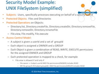 Security Model Example: 
UNIX FileSystem (simplified) 
• Subjects: Users, specifically processes executing on behalf of a specific userid 
• Protected Objects: Files and Directories 
• Protected Operations on Objects: 
– Directory.list, Directory.createFile, Directory.createDir, Directory.removeFile, 
Directory.removeDir, Directory.renameFile 
– File.view, File.modify, File.execute 
© 2014 Real-Time Innovations, Inc. 
• Access Control Model: 
– A subject is given a userId and a set of groupId 
– Each object is assigned a OWNER and a GROUP 
– Each Object is given a combination of READ, WRITE, EXECUTE permissions 
for the assigned OWNER and GROUP 
– Each protected operation is mapped to a check, for example 
• File.view is allowed if and only if 
– File.owner == Subject.userId AND File.permissions(OWNER) includes READ 
– OR File.group IS-IN Subject.groupId[] AND File.permissions(GROUP) includes READ 
 