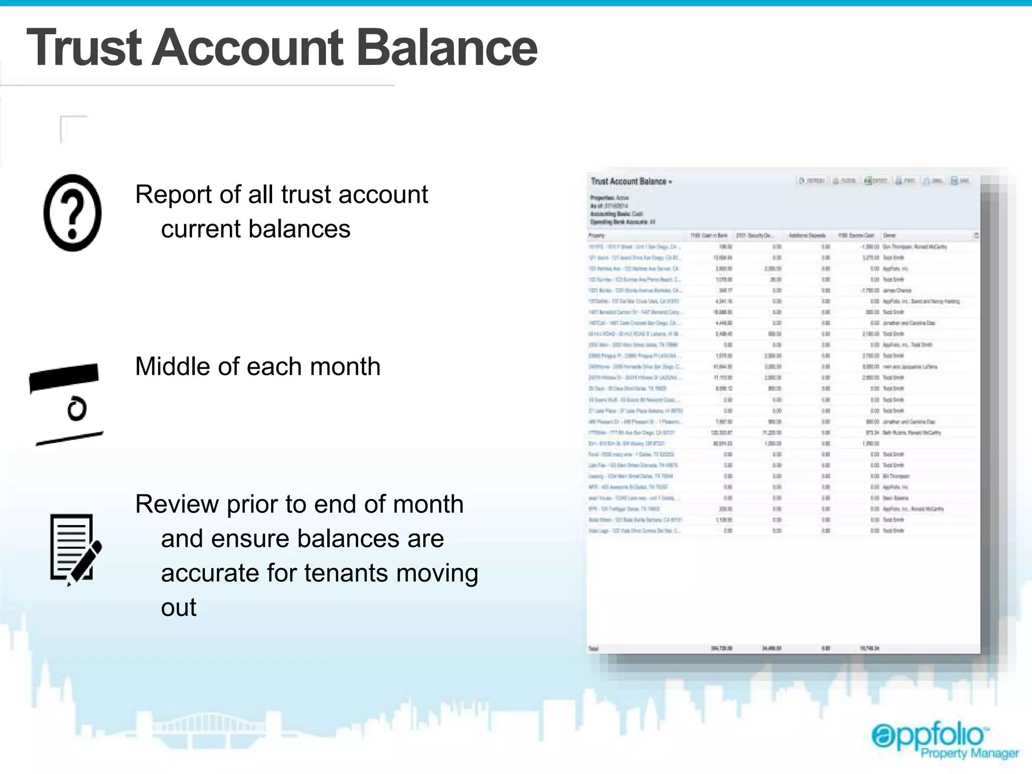 Trust Account Balance 
Report of all trust account 
current balances 
Middle of each month 
Review prior to end of month 
and ensure balances are 
accurate for tenants moving 
out 
 