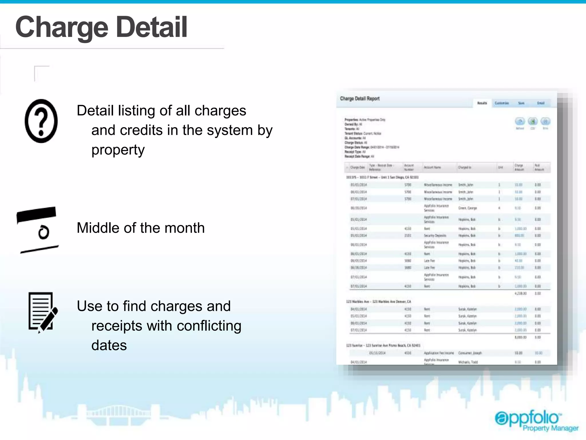 Charge Detail 
Detail listing of all charges 
and credits in the system by 
property 
Middle of the month 
Use to find charges and 
receipts with conflicting 
dates 
 