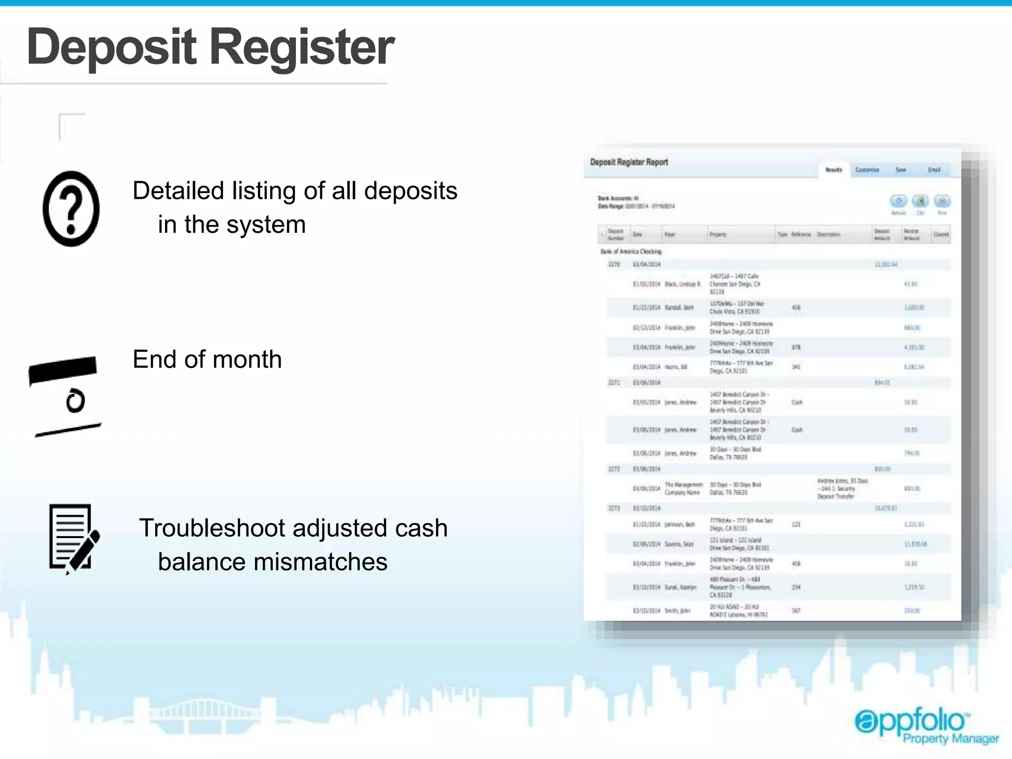 Deposit Register 
Detailed listing of all deposits 
in the system 
End of month 
Troubleshoot adjusted cash 
balance mismatches 
 