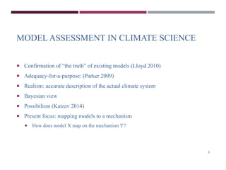 MODEL ASSESSMENT IN CLIMATE SCIENCE 
 Confirmation of “the truth” of existing models (Lloyd 2010) 
 Adequacy-for-a-purpo...